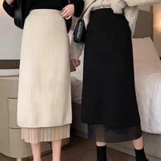 Baiwife 니트 스커트 여중 롱 하이웨스트 양면 슬림해 보이는 레이스 롱스커트 원스커트