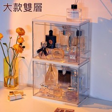 Mr. Know 透明防塵香水收納盒 雙層大號 可疊加公仔展示架 側開門設計, 1個, 大號－雙層