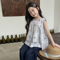 兒童夏季刺繡蝴蝶結無袖上衣
