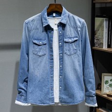 SUN WANG 兩口袋長袖牛仔襯衫藍色南方大碼