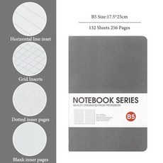 B5 두꺼운 노트 4 가지 유형 내부 페이지 132 매/책 하드 커버 방수 일기 일정 사무실 학생 QP60, Grid Inserts, Grey