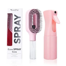 2-in-1 스프레이 헤어 브러쉬 세트 연속 분무 병 젖은 모발과 마른 스타일링을 위한 엉킴 방지 정전기 두피, 01 Pink