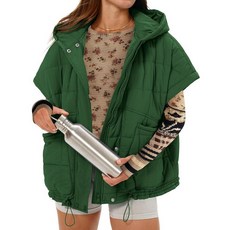 Gacaky 여성용 퀼트 조끼 오버사이즈 스탠드 칼라 캡 슬리브 퍼퍼 재킷 따뜻한 버튼 집업 후디 코트 아웃웨어 초록색. 스몰