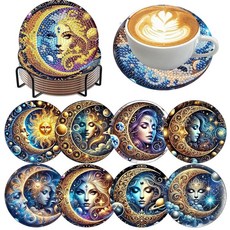 Mrpwnle 8팩 거북이 다이아몬드 아트 컵받침 키트 바다 거북 다이아몬드 페인팅 컵받침 키트 세트 홀더 코르크 패드 포함 DIY 다이아몬드 아트 미끄럼 방지 컵받침 공, Moon Coasters