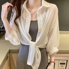 실버카우 여성 셔츠 카라 봄 여름 남방 볼레로 플리츠