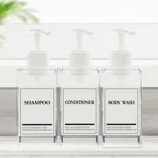 모든집 호텔 욕실 디스펜서 샴푸통 500ml+방수라벨 3구 세트, 1세트, 욕실세트_500ml(투명용기+백색펌프+영문3종)