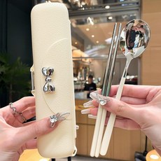 스테인리스 휴대용 식기 세트 학생용 젓가락 숟가락, 1개, 3종 밀키실버 밀키화이트