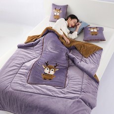 珊瑚絨兩用抱枕毯 辦公室午睡汽車用枕頭被, 加絨加厚可愛鹿-淺紫,50*50開150*200cm