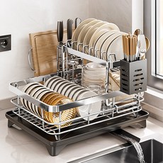 Qiaokao 스테인레스 배수 식기건조대, 1세트, 그레이, 2단