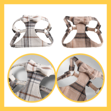 아트진주 체크무늬 강아지 하네스 + 리드줄 세트 M사이즈, 아이보리체크, 1개