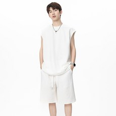 ANYOU 레터링 세트 남성 여름 얇은 민소매 반바지 세트 하이웨스트 루즈핏 캐주얼 스포티 투피스