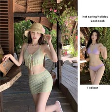 夏日碎花保守四件套海邊度假沙灘玩水學生設計小衆高級顯白比基尼, 泳帽,S （建議37.5-45.0公斤）