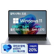 삼성전자 갤럭시북6 프로 NT940XJG-K51A 14인치(35 5cm) 인텔 Ultra 5 16세대 팬서레이크 터치스크린 서울/경기 퀵서비스 2만원지원, G-K51AG, WIN11 Pro, 16GB, 512GB, 그레이