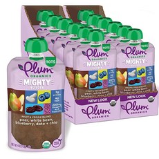Plum Organics Mighty Builder 유기농 유아용 식품 - 바나나 흰콩 딸기 치아 - 118.3ml(4온스) 파우치 (12팩) - 유기농 과일 및 채소 유, 배, 흰 콩, 블루베리, 데이트 및 치아