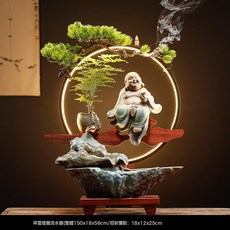 大號陶瓷彌勒佛流水擺件 辦公室桌面招財 開業喬遷貼心賀禮, 祥雲燈圈流水器招財彌勒