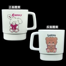 Mikko米科米扣 雙麵萌趣食品級水杯 卡通防燙兒童水杯 牛奶咖啡杯 漱口杯, 1個, C+L畵麵款1個（瓷白色水盃）