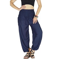 여성용 하렘 팬츠 보헤미안 지니 알라딘 스모크 웨이스트 요가 바지 플레인 네이비.