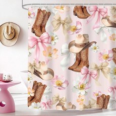LIGHTINHOME 재미있는 고양이 샤워 커튼 152.4cm x 높이 182.9cm 블랙 앤 화이트 귀여운 키티 카와이 레드 체리 리본 나비 매듭 동물 어린이 천 원단 방수, D-카우걸 리본