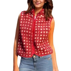 Cocoinsity 여성용 퍼지 플리스 조끼 체크 무늬 민소매 집업 셰르파 재킷 캐주얼 경량 스웨터 포켓 포함 레드 S 159283