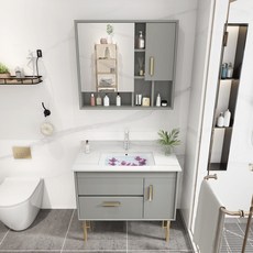 橡木洗臉臺盆櫃智能鏡實木浴室櫃組合 輕奢陶瓷洗手盆地櫃組 浴室收納首選, 輕奢灰80岩板全套配件, 1個