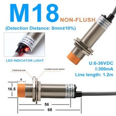 유도형 근접센서 M12 NPN NO DC 6-36V 금속 감지 산업용 스위치 M8 M18 30 접근 센서 유도 형 근접 12V AC 110V NC PNP 1.2m 라인, 48)LJ18A3-8, DC 3-wire PNP NC
