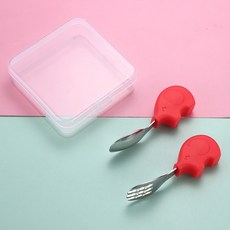 寶寶短柄學習餐具 台灣現貨 獨立包裝 316不鏽鋼兒童餐具 短柄叉勺 學習叉勺 短柄餐具 寶寶勺叉 湯匙 叉子, 002 紅色小象, 1個, 叉勺