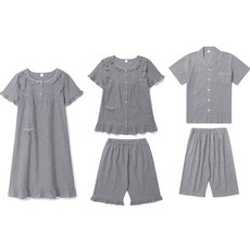 남녀 그레이 스트라이프 순면 파자마 3부 5부 원피스 반팔 잠옷 여름 부모님 커플잠옷