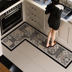 法式復古L形廚房地墊吸水吸油腳墊速幹硅藻泥地墊橡膠底防滑地墊, 1個, 洛菲斯-A款-左L型