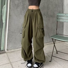 여성 와이드 카고 팬츠 루즈핏 스트링 조거 바지 캐주얼