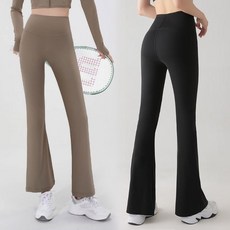 Ttowonna女款高腰喇叭緊身褲 2件組 黑色+摩卡色