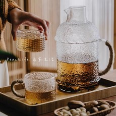 peachlife 精緻浮雕玻璃水壺/水杯 波紋透明玻璃壺 復古把手玻璃冷水瓶, 1個, 玻璃壺