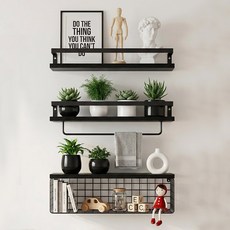 벽선반 3개 세트 북유럽 스타일 거실 주방 욕실용 원목 수납 선반, 3단, 블랙