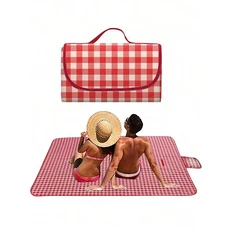 손잡이가 있는 세탁 가능한 경량 레드 체크 무늬 하이킹 여행용 야외 슬리핑 비치 담요 매트 캠핑 피크닉, 야외 활동 하이킹 및 피크닉을 위한 접이식 손잡이가 있, 02 빨간색