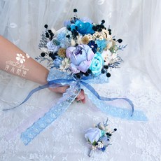萍水相逢 輕珠寶乾燥捧花-海洋藍紫色 新娘捧花/外拍捧花/不凋花捧花/求婚捧花/永生花捧花/乾燥花束, 18-19cm, 加購一只新郎胸花+2對主婚人胸花