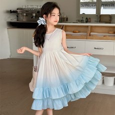 DIU 女童夏連衣裙新款中大童背心裙公主裙中長款漸變高級感蛋糕裙