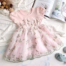 女孩雙層紗裙洋裝 短袖花朵刺繡洋裝