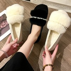 MIROSE 진주장식 여성 털 모카신 단화 로퍼 따뜻한 겨울 신발 퍼 플랫슈즈
