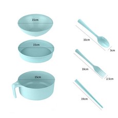 桃園發運 小麥秸稈餐具 泡麵碗帶蓋餐具 大號碗筷學生上班族便攜飯盒套裝, （北歐綠）六件套+菜格, 1個