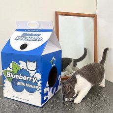 [대형] 블루베리 우유곽 고양이 숨숨집 스크래쳐 하우스 (7.5kg 권장 / 튼튼한 골판지 캣하우스), 파란색