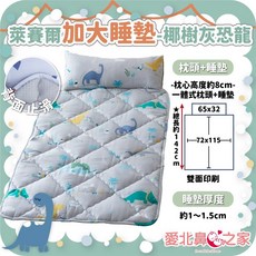 愛北鼻之家 台灣製天絲款粉花貓咪兒童睡墊, 1個, 天絲加大止滑椰樹灰恐龍-枕頭+睡墊