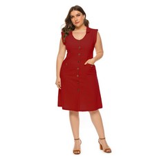 야옹야옹여성을위한 여름 V 목 민소매 포켓 스커트 플러스 사이즈 드레스 2021 뉴 퓨어 컬러 싱글 브레스트 무릎 길이 스커트 캐주얼, 빨간, 5XL