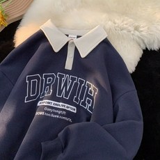 DRWIH 美式復古 大學T 華夫格 Polo領 寬鬆 長袖