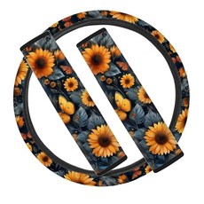 STUOARTE 버터플라이 프린트 자동차 스티어링 휠 커버 및 2팩 안전벨트 커버 세트 드림캐처 프린트 범용 38.1cm(15인치) 스티어링 휠 커버 부드럽고 편안한 어깨, 블루와 오렌지