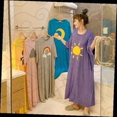 여성 원피스 잠옷 태양 달 무지개 프린트 홈웨어 면 소재 루즈핏 원피스형 수면복