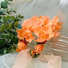 오렌지장미 브라이덜샤워파티 조화꽃팔찌 신부꽃장식팔찌 주황색