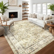 LUXLOOM 12.7 x 17.8cm(5 x 7인치) 세탁 가능한 부분 러그 농가 빈티지 꽃무늬 러그 침실용 미끄럼 방지 낮은 파일 액센트 러그 거실용 얼룩 방지 바닥 매트, 5' x 7' (Rectangular), 베이지 멀티