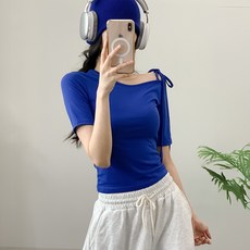 댄마샵 언발 오프숄더 리본 반팔티 방송댄스복 줌바댄스복 에어로빅복