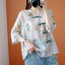 ORZQU 빅사이즈 여성 생활한복 상의 개량한복 언밸런스 루즈핏 프린트 브이넥 셔츠