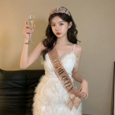 생일 파티용품 반짝이 큐빅 왕관 어깨띠 세트, 1세트, 로즈골드