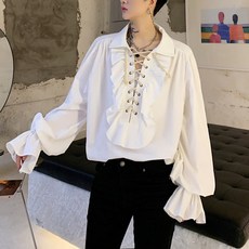 인어미남 남성 봄가을 소매 프릴 디자인 스트링 디자인 긴팔 셔츠 개성 궁중 셔츠 유행